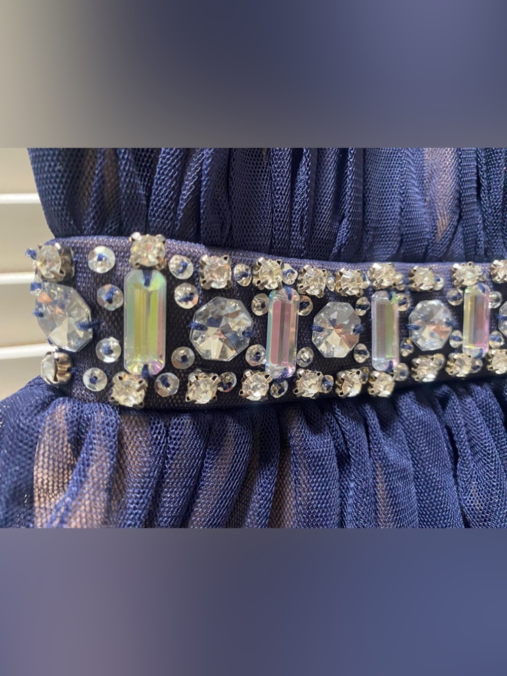 Juniors Way-In Navy Blue Embellished Halter Tulle Dress - Picture 7 of 16